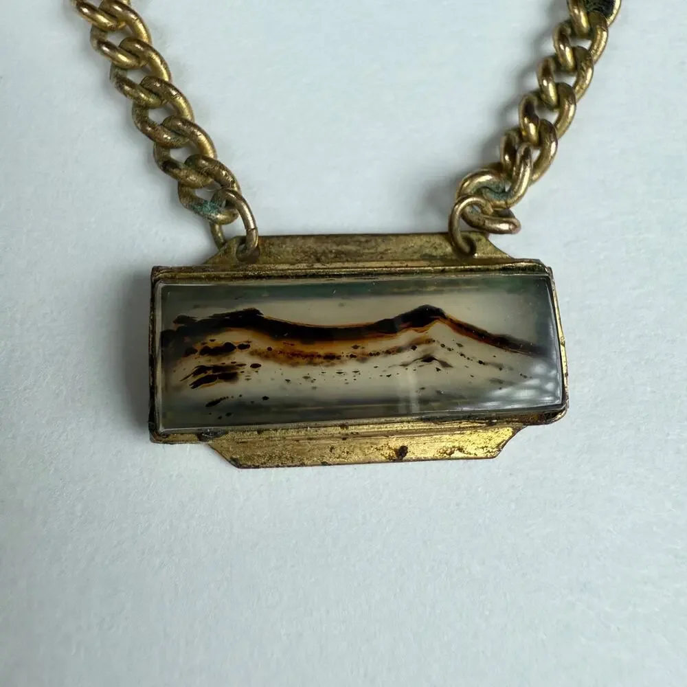 Vintage Campua Gold-Tone Tie Clip with Scenic Inlay Pendant Chain